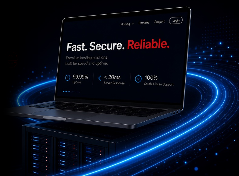 Laptop on a server rack wrapped in blue energy rings